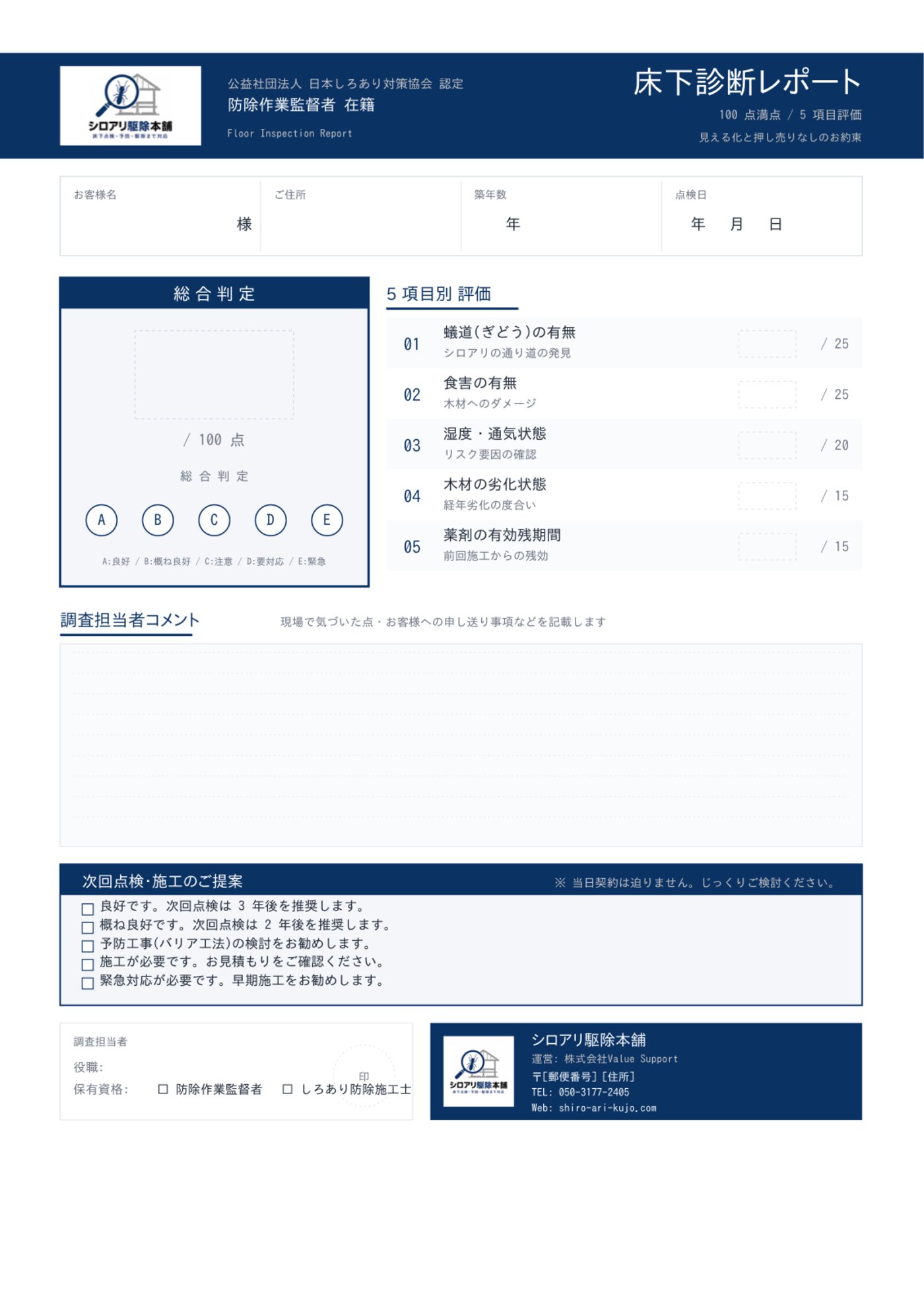 床下診断レポート（100点満点・5項目評価）のサンプル